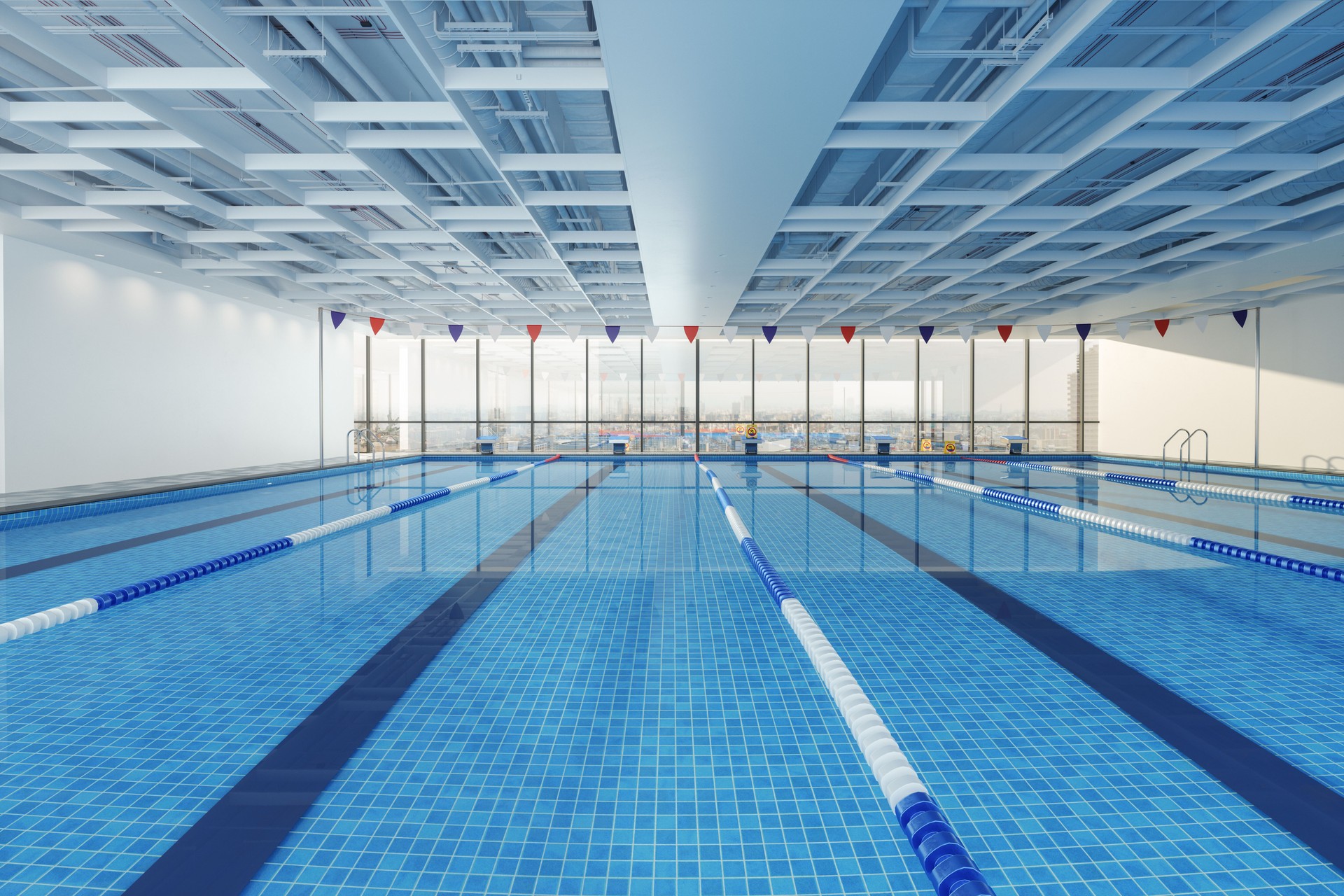 Vista de primer plano de la piscina olímpica con paisaje urbano a través de la ventana